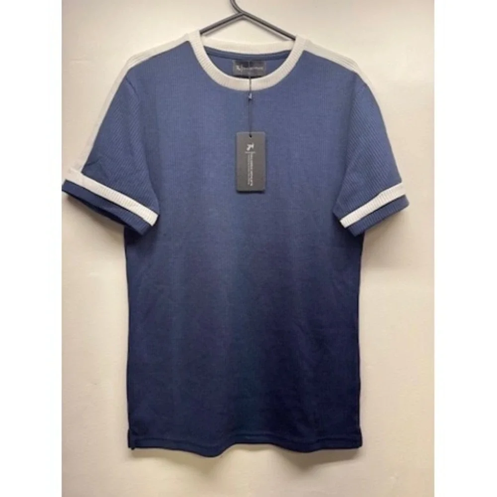 Tailored Athlete Textured Colour Blocked T-Shirt Mens‎ S Blue White Ribbed Trim
